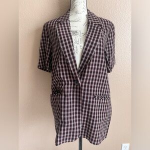 Requirements VTG Linen Blend One Button Plaid Festive Short Slv Long Blazer 10